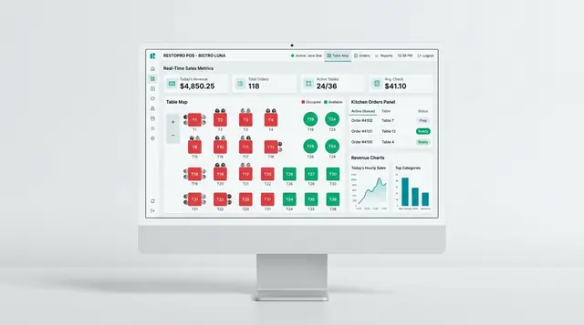 Panel de RESOFT con mesas, ventas y cocina en tiempo real